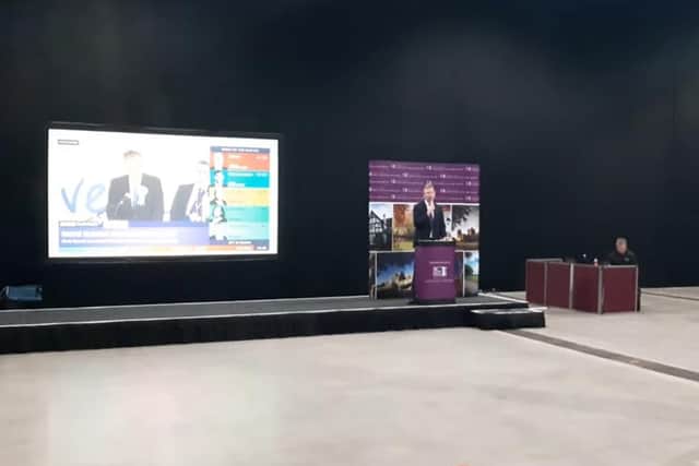 Kenilworth and Southam MP Sir Jeremy Wright gives a speech at the election count at Stoneleigh Park last night.