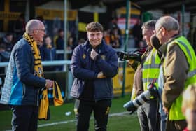 Leamington FC's head of media Max Passantino with chairman Jim Scott (left). Credit: David Airey.