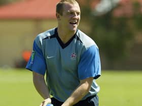 An old picture of Mike Tindall passing the ball during training.  (Photo by David Rogers/Getty Images)