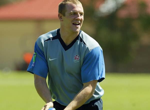 An old picture of Mike Tindall passing the ball during training.  (Photo by David Rogers/Getty Images)