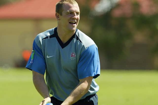 An old picture of Mike Tindall passing the ball during training.  (Photo by David Rogers/Getty Images)