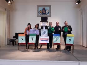 Steph Kerr of BID Leamington with Warwick District Council chair Cllr Mini Kaur Mangat, Mr Monopoly, Ella Gibbs (board game creator at Winning Moves), Cllr Liam Bartlett Warwick District Council's Portfolio Holder for Culture, Leisure & Tourism and Leamington Mayor Cllr Nick Wilkins at the launch of the Royal Leamington Spa edition of Monopoly.