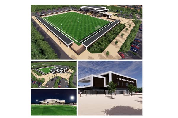 A collage of CGI images of the planned new stadium for Leamington Football Club. Pictures courtesy of Leamington FC.