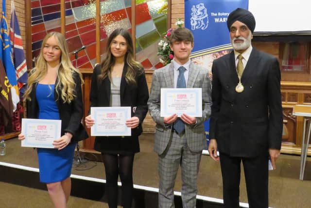 Winners from Princethorpe College with Warwick Mayor Cllr Parminder Sigh Birdi. The team were Eloise Keil, Charlotte Frost and Tom Lomas. Photo supplied