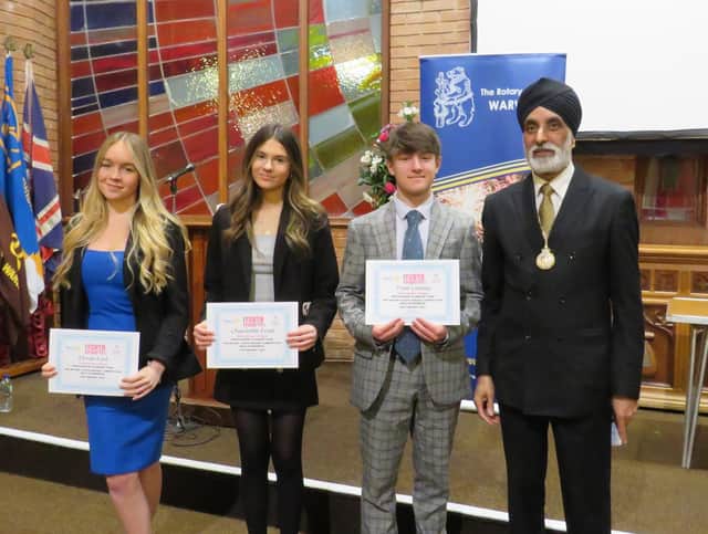 Winners from Princethorpe College with Warwick Mayor Cllr Parminder Sigh Birdi. The team were Eloise Keil, Charlotte Frost and Tom Lomas. Photo supplied