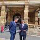 Marke Lee (right), the newly appointed chairman of the Leamington Transformation Board discusses plans with Warwick District Council leader Cllr Andrew Day outside Leamington Town Hall. Picture supplied.