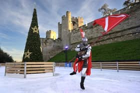 Figure skater Jacob Casey, dressed as a knight in full armour, performs on the ice rink at Warwick Castle with one month to go until Christmas. Photo by Doug Peters/PA Media Assignments