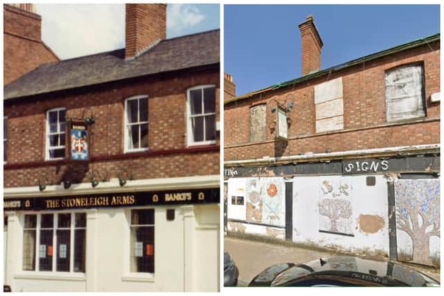 The Stoneleigh Arms before (photo by Allan Jennings) and after (Google Street View).
