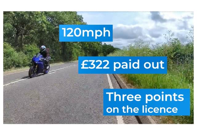 This motorcyclist was given three points and a fine for careless driving after passing a cyclist at 120mph near Stratford. Photo supplied by Warwickshire Police