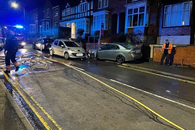 The major incident happened after a blue Saab crashed into two cars and then a gas main in Stoneleigh Road, following a high speed police chase. Image courtesy of Warwickshire Police.