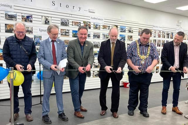 Antony Cleary OBE, Dr. Stas Librowski - Chair of the Polish Centre, Councillor Andrew Day - Leader of Warwick District Council, Les Watkins - Royal Priors shopping centre Manager, Councillor Nick Wilkins - Mayor of Royal Leamington Spa, and Richard Morgan the  Chief Operating Officer from LKQ Euro Car Parts cut the ribbon for the Aid for Ukraine shop at The Royal Priors shopping centre in Leamington. Picture supplied.