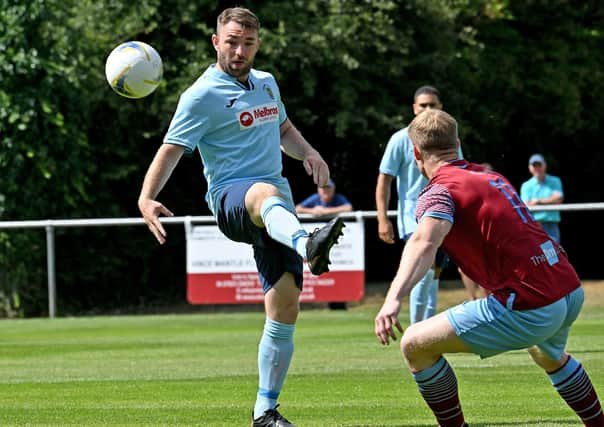 Ryan Seal in action during Rugby Town's 2-2 draw at Westfields before he set up the winner in the FA Cup replay. Picture by Martin Pulley