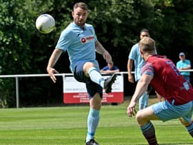 Ryan Seal in action during Rugby Town's 2-2 draw at Westfields before he set up the winner in the FA Cup replay. Picture by Martin Pulley