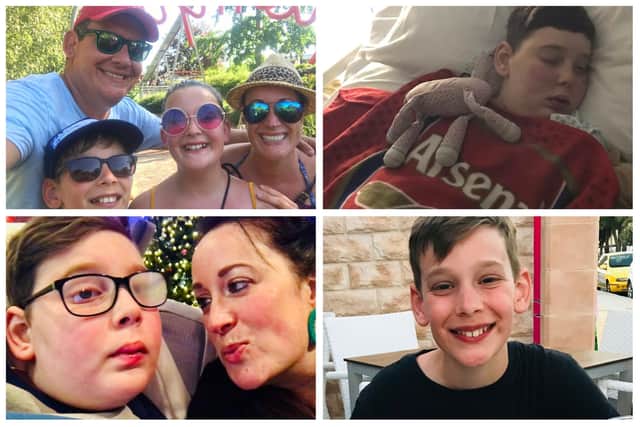 Clockwise from top left: Charles Ludford pictured with mum Jennie, dad James and sister Izzy; Charles aged 11; Charles battling his tumour aged 11; Charles aged 11 on the last family holiday in Mallorca.