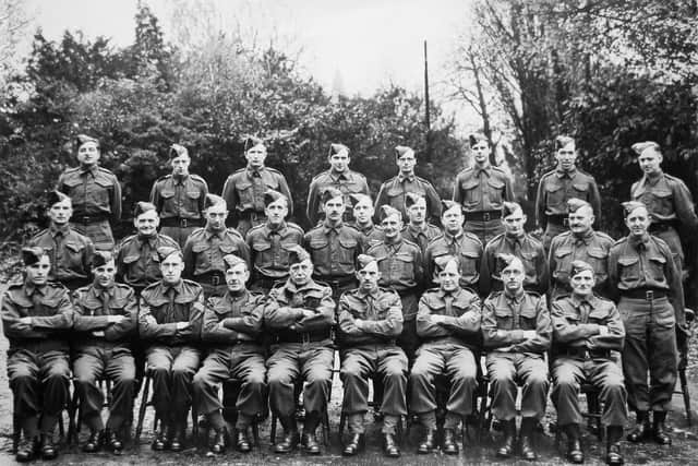 No.2 Platoon ‘B’ Company. On the front row, L-R is: L. Harrison, J.
Harrison, Sergeant Bob Atkins, Colour Sgt. Collier, Commanding Officer Lt.
Gates, Sgt. Fratton, Cpl. Edwards and B. Grane. Note, there is one name
missing. On the middle row is: Messrs. Hayes, Buckley, ‘Charlie’ Cranston,
Cpl. Ron Churches [Morning News], Sgt. Randle, Hedley, Sgt. Miles, Jones,
Bill Harris, [Councillor], Bromley, Blackwell and Buxton. On the back row
is: Messrs. Robinson, Ken Blasdale, Payne, Smith, Oldfield, Petitt, Danny
Morgan and Charles Worth. Photo supplied by Allan Jennings.