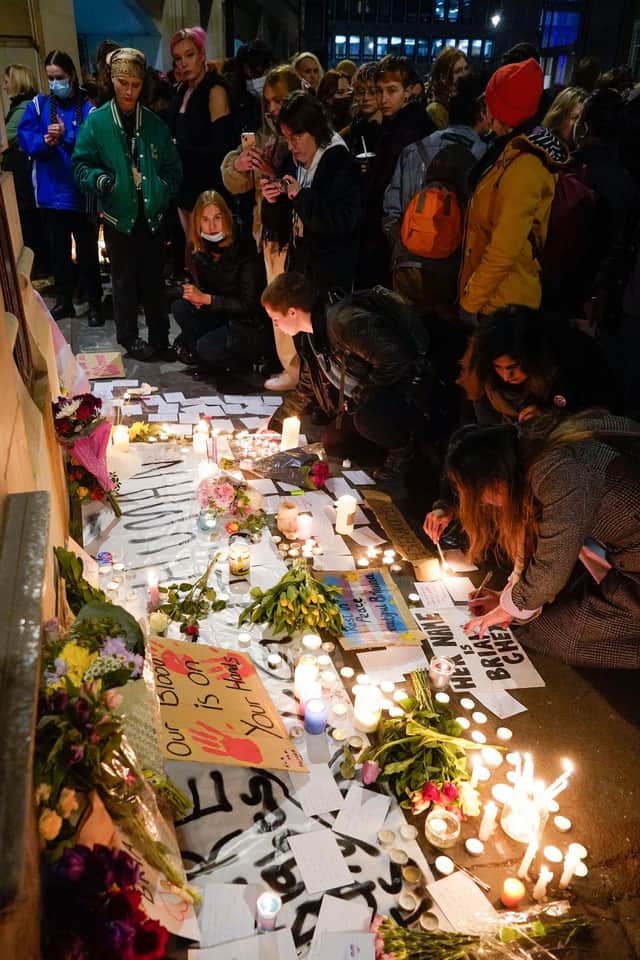 A tribute to 16-year-old transgender teen, Brianna Ghey, who was stabbed to death. Photo by NIKLAS HALLE'N/AFP via Getty Images)