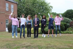 GCSE pupils with Headmaster, Mr Hester at Princethorpe College this morning. Left to right Dina Parmenter, Zak Johnson, Daisy Southgate, Simran Sandhar, Harry Kelly and Joe Newborough.
