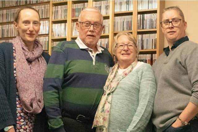 The Dawson Family in the Dawson Library in the RHR studio which they were largely responsible for setting up and maintaining. Daughter Carolyn,  John,  John's wife, Barbara and daughter Chris. Picture and words: Patrick Joyce.