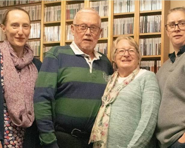 The Dawson Family in the Dawson Library in the RHR studio which they were largely responsible for setting up and maintaining. Daughter Carolyn,  John,  John's wife, Barbara and daughter Chris. Picture and words: Patrick Joyce.