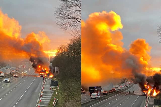 A lorry fire on the M1 has caused a closure and rush hour delays on Monday morning (December 16). Photo: Andy Maloney.