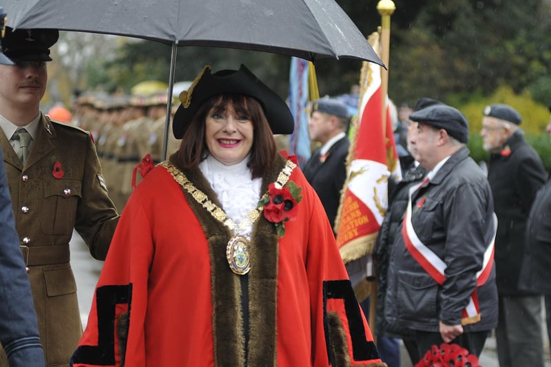 Rugby Mayor Maggie O'Rourke smiles in the rain.