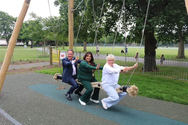 Testing out the new play equipment, suitable for all ages! – Councillor Andrew Day, Councillor Mini Kaur Mangat, Councillor Moira-Ann Grainger. Photo courtesy of Warwick District Council.