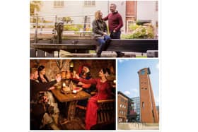 Top: a couple relaxing during a heart shaped walk in Warwickshire, bottom left: a Medieval Banquet at Coombe Abbey, bottom right: the RSC Tower in Stratford (credit Sam Allard).