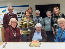Charity collector Margaret Kite celebrated her 90th Birthday this week and last Wednesday the Kenilworth Guide Dogs Fundraising Group held a birthday party for her at the Regional Guide Dogs Centre in Leamington. Photo supplied