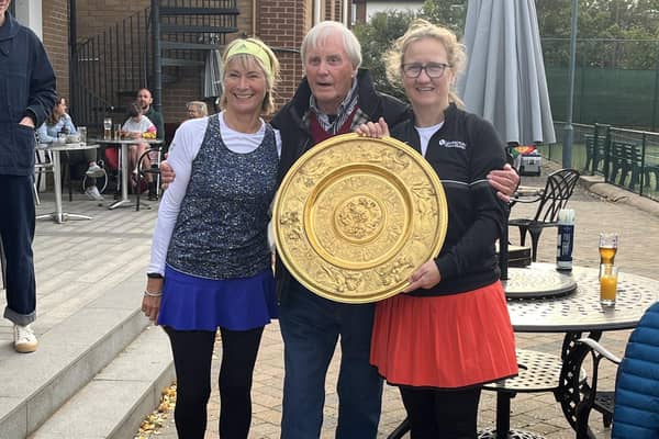 Jane Robbins (Warwick Boat Club), Peter Bowen and Janette George (Leamington Tennis and Squash Club) with the Bowen Bowl