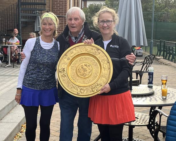 Jane Robbins (Warwick Boat Club), Peter Bowen and Janette George (Leamington Tennis and Squash Club) with the Bowen Bowl