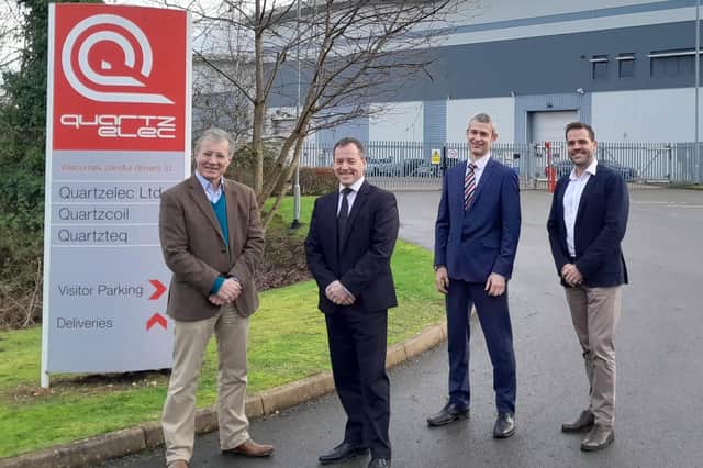 Rugby MP Mark Pawsey is pictured with Quartzelec’s operations director Keith Evans, international business development & LTSA leader Stephen Densley - and business manager Matt Brown.
