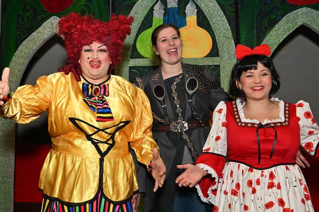 Stand by for reaction... Stephen Bradnam as Dame Wendy Wibble Wobble, Kirsty Bright as Henchman and Bethan Amos as Snow White.