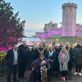At the Warwick Castle finishing line, Alex and the castle team had organised a surprise for Evelyn’s family – the castle being lit up purple in honour of Evelyn. Alex and Helen also turned on the light trail in her honour and were welcomed by the mayor and deputy mayor of Warwick and mayor of Whitnash. Photo supplied