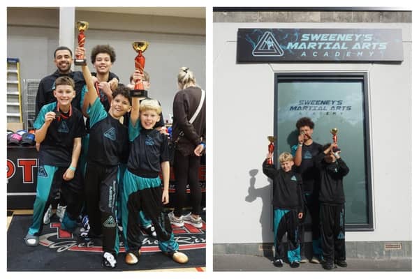 Left: George Sweeney (left) with the young trophy-winning kickboxers from Sweeney's Martial Arts Gym in Crown Way, Lillington. Right: The trophy-winning kickboxers stand outside the gym. Pictures supplied.
