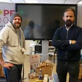 Hope4 Support Worker, Tobi Tomlinson-Sylvest, with Harishankar, owner of The George at Kilsby and The Old Lion at Harborough Magna, delivering the sandwich pack-up bags.