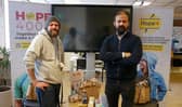 Hope4 Support Worker, Tobi Tomlinson-Sylvest, with Harishankar, owner of The George at Kilsby and The Old Lion at Harborough Magna, delivering the sandwich pack-up bags.