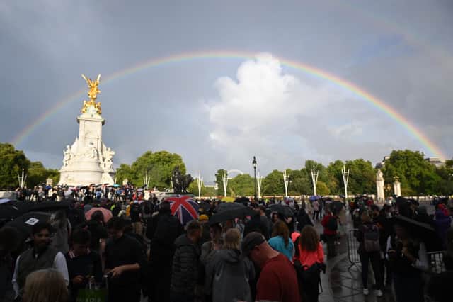 A rainbow is seen outside of Buckingham Palace on September 8, 2022 in London, England. Photo by Leon Neal/Getty Images