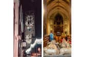 Left: St Mary's church. Right: The interior of St Mary's church during the recent Christmas Tree Festival it hosted. Credit: Mike Baker.