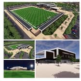 A collage of CGI images for the new Leamington FC stadium plans.