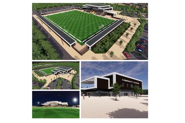 A collage of CGI images for the new Leamington FC stadium plans.