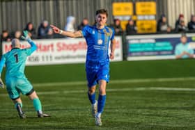 Leamington's Dan Turner celebrates scoring the opener. Photo: Chris Simpson.