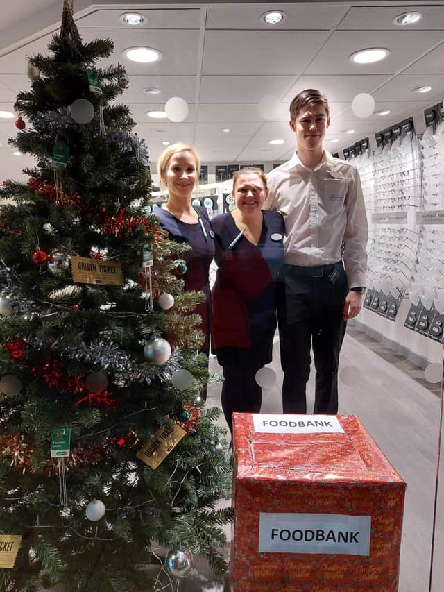 Staff Specsavers in The Square, Kenilworth, are appealing for donations to the Warwick District Food Bank. Picture supplied.