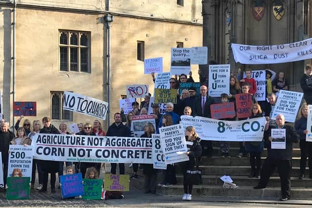 Barford villagers at St John's College in Oxford protesting against the college's plans to use land near the village as a quarry. Picture supplied.