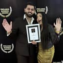Husband and wife duo Harkeet and Karina Jhitta of Heavenly Desserts in Leamington receive the award for Best Dessert Franchise in the Warwickshire region at England’s Business Awards.