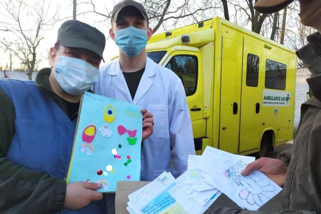 Children from Snitterfield and Hampton Lucy had created cards with messages of support that placed inside the ambulanced that were driven to Ukraine. Photo supplied