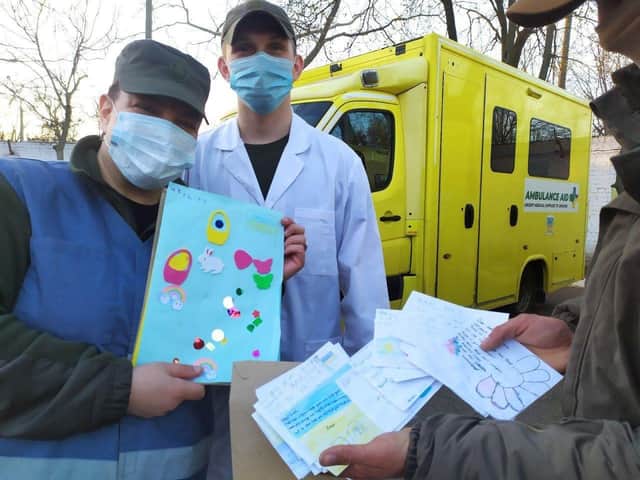 Children from Snitterfield and Hampton Lucy had created cards with messages of support that placed inside the ambulanced that were driven to Ukraine. Photo supplied