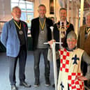 The Mayor of Warwick, Councillor Oliver Jaques, with members of the Guy of Warwick Society, from left to right in front of The Guy of Warwick exhibition. Tony Hemming, Peter Knell (Secretary), Councillor Oliver Jaques (Mayor of Warwick), Phil Baker (dressed as Guy), Chris Willsmore (Chairman), Tom Douglas. Photo credit: Mandy Littlejohn.