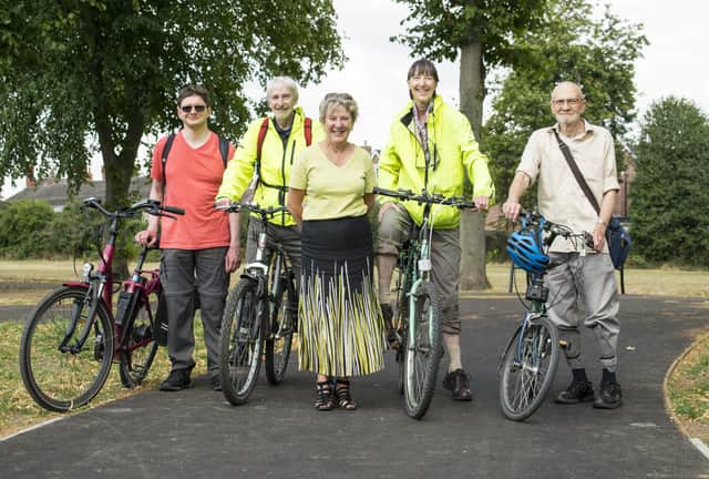 Cllr Kathryn Lawrence, Rugby Borough Council portfolio holder for operations and traded services, joined Rugby Cycle Forum members (left to right) Nick, John, Fern and John on the Whitehall Recreation Ground section of the Park Connector Network.