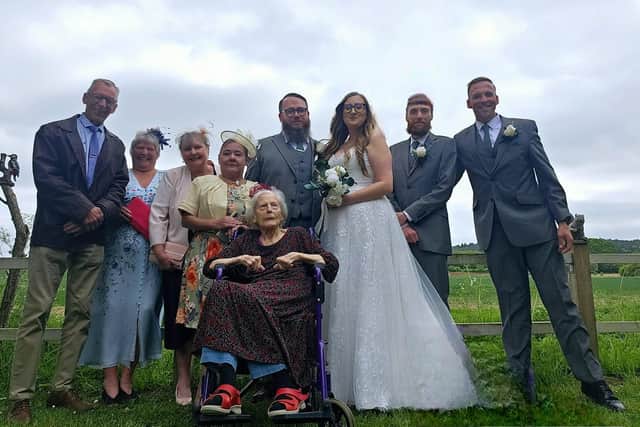 Hilda Watts pictured with others in the wedding party at the wedding of her granddaughter Rachel, which took place at Cherry Trees care home in Alcester, Warwickshire. Picture supplied.