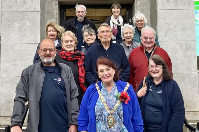 Volunteers with Rugby Mayor Maggie O'Rourke.